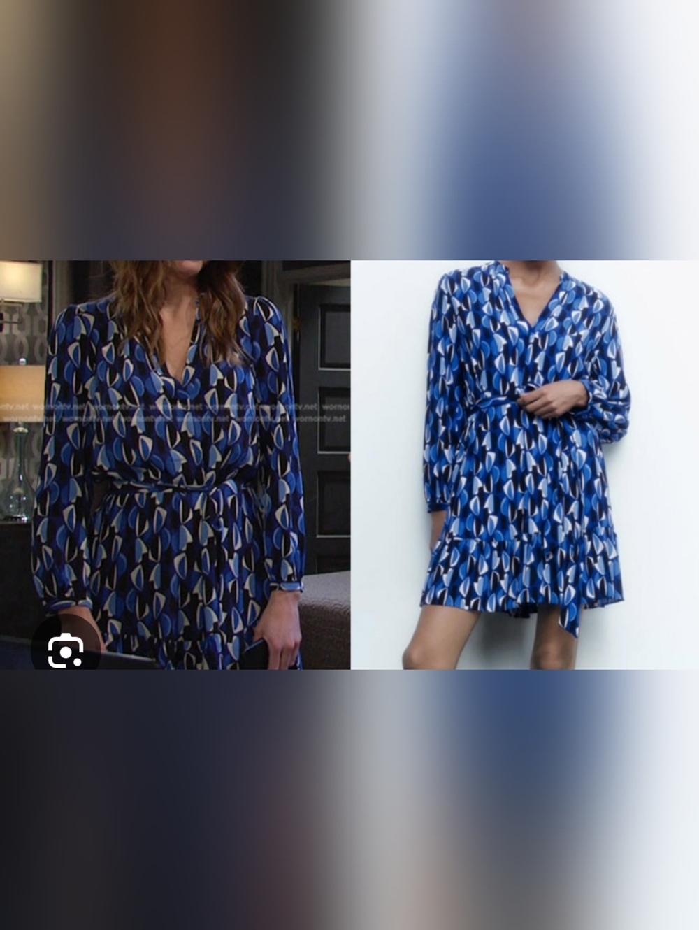 Zara Blue Black White Geometric V Neck Flowy Long Sleeve Mini Shift Dress Size S